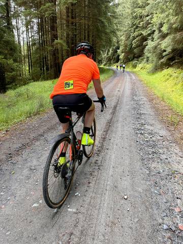 Four cyclists on gravel road inside forest.